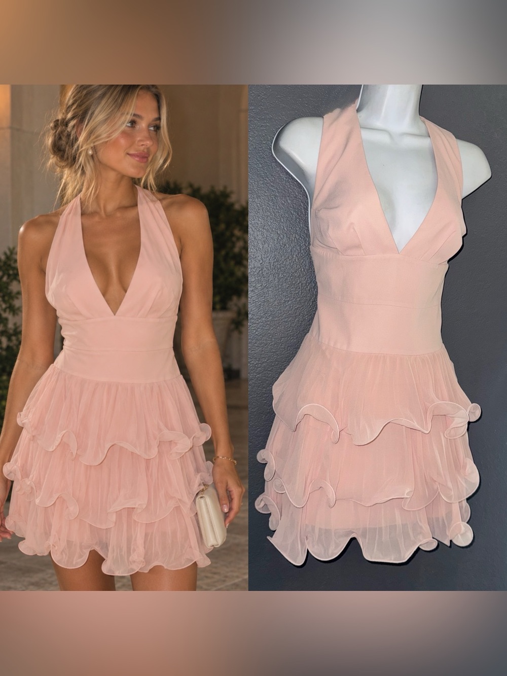 BCBGMAXAZARIA Women's Pink V-Neck Ruffle Mini Dress Small 4